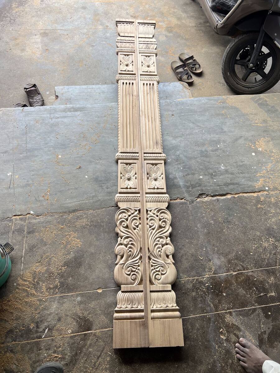 Carved teakwood pillar detail, Sri Shiva Saw Mills workshop