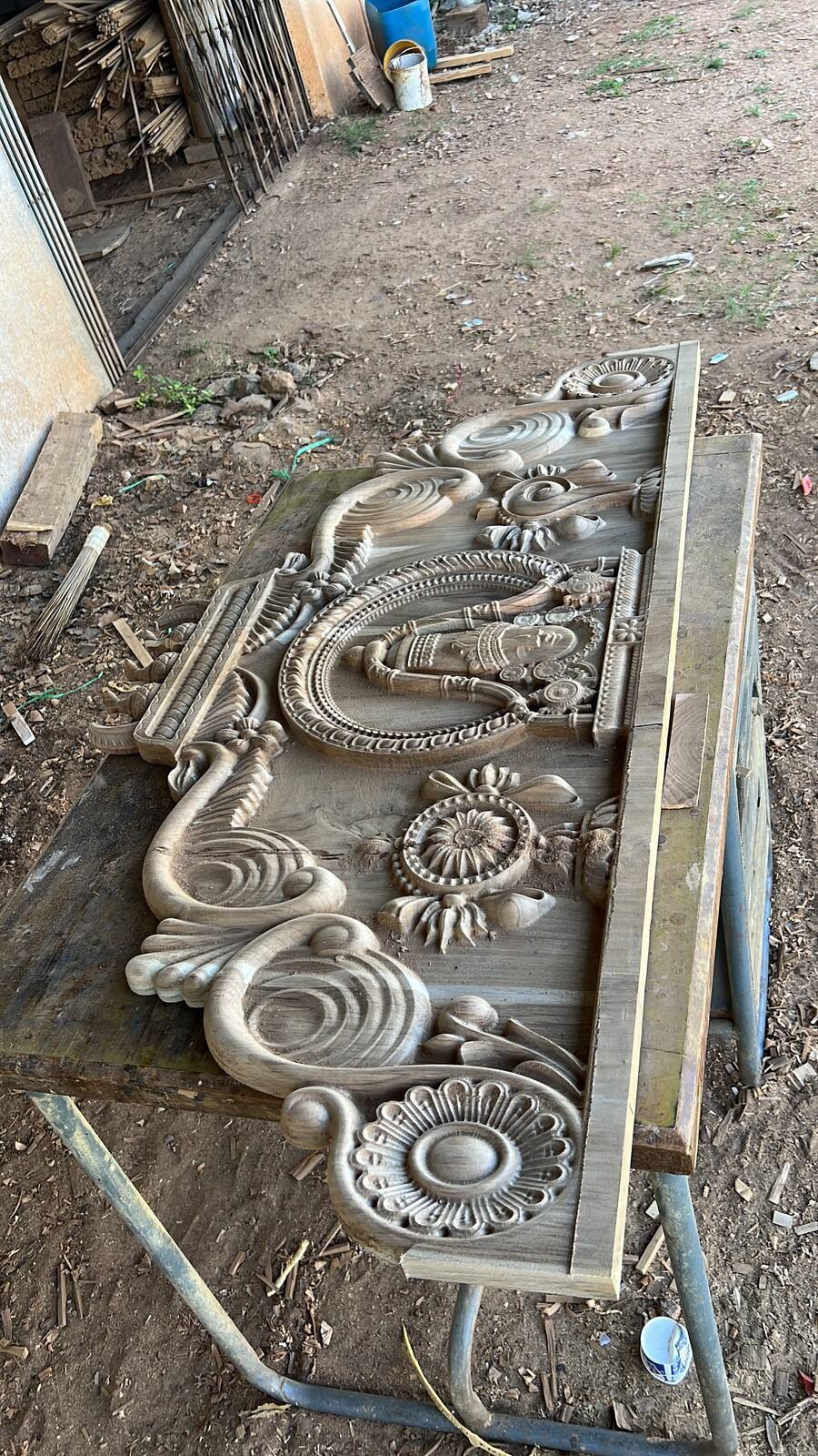 Carved wall panelling piece, Sri Shiva Saw Mills workshop