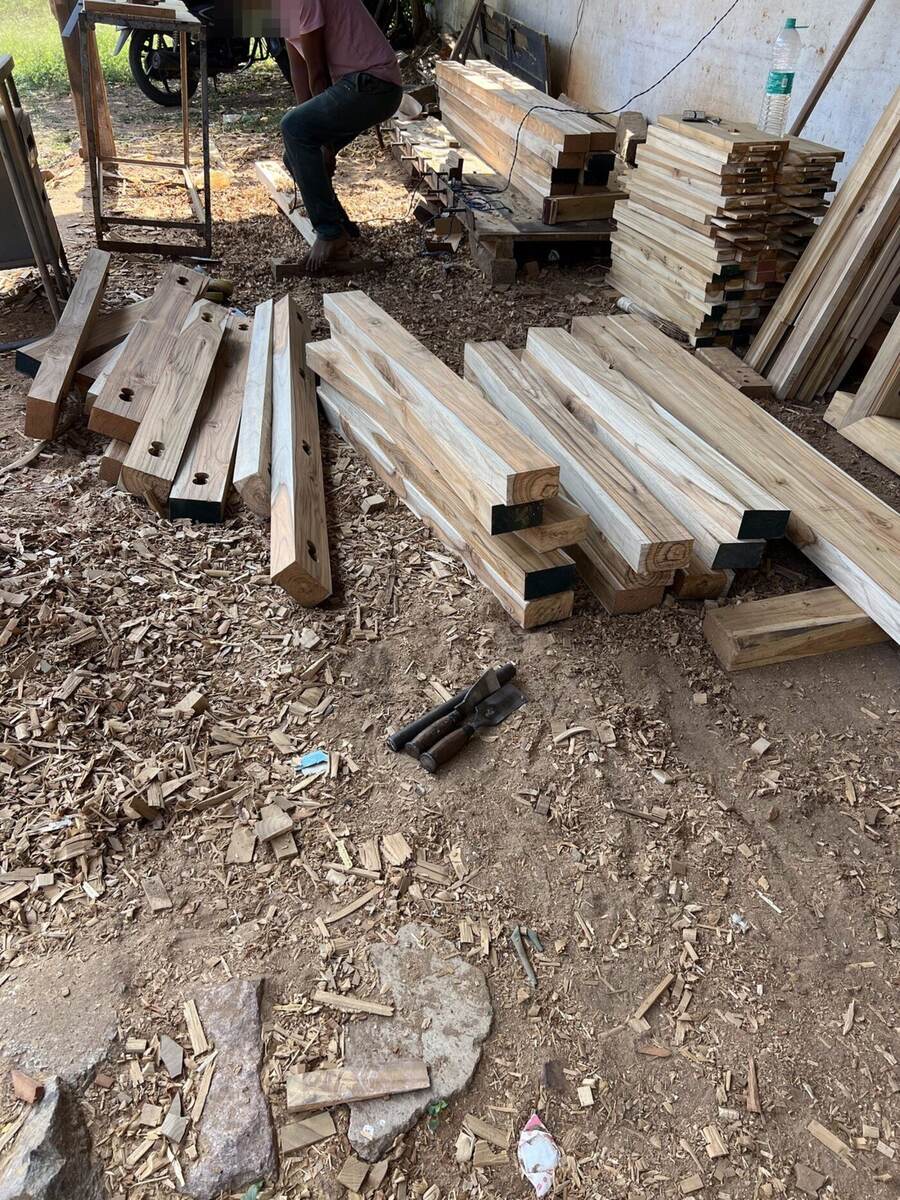 Teak timber cut and drilled for joinery at the Sri Shiva Saw Mills workshop